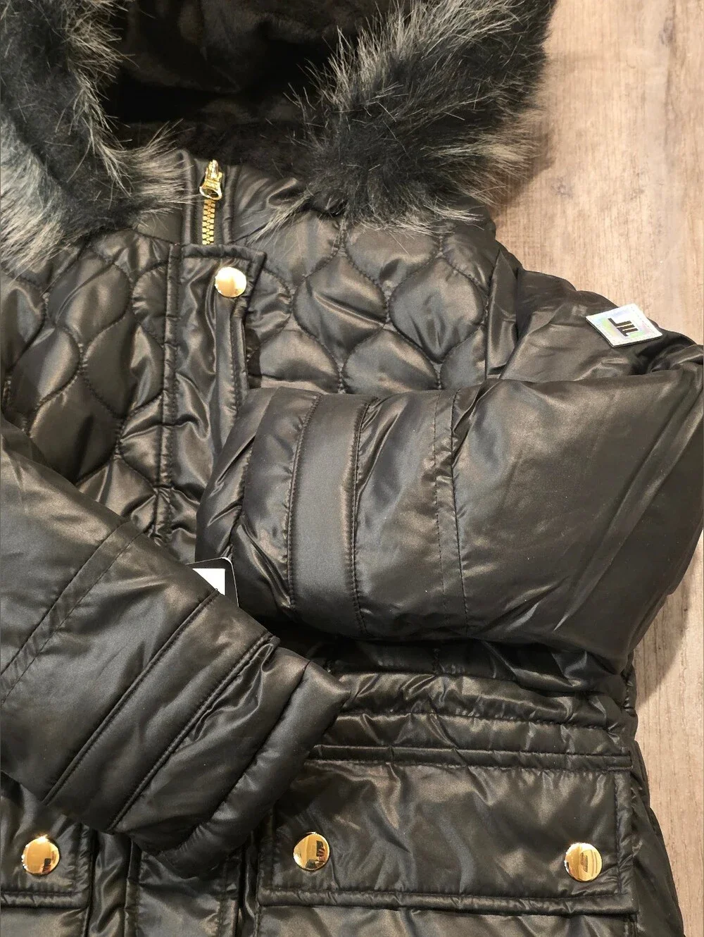 NWT London Fog Girls Black Quilted Puffer Parka Jacket Size LG 6x S(7/8)*Read*